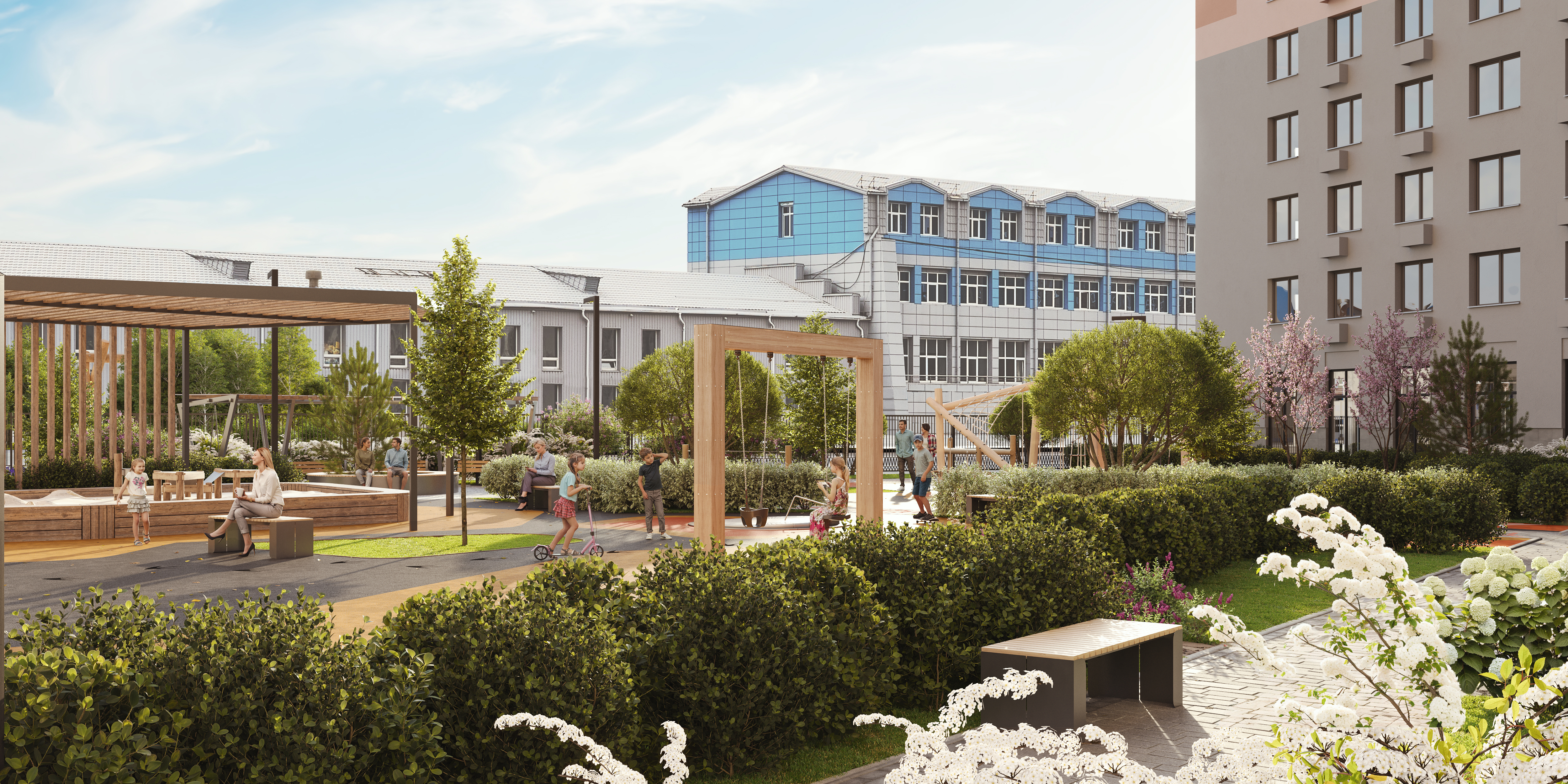 Во дворах зелено и спокойно: деревья, кустарники, цветники, ухоженные газоны.
Мы сажаем взрослые растения, чтобы уют чувствовался сразу.
Вечером загорается мягкий свет — по дорожкам приятно и безопасно гулять в любое время.