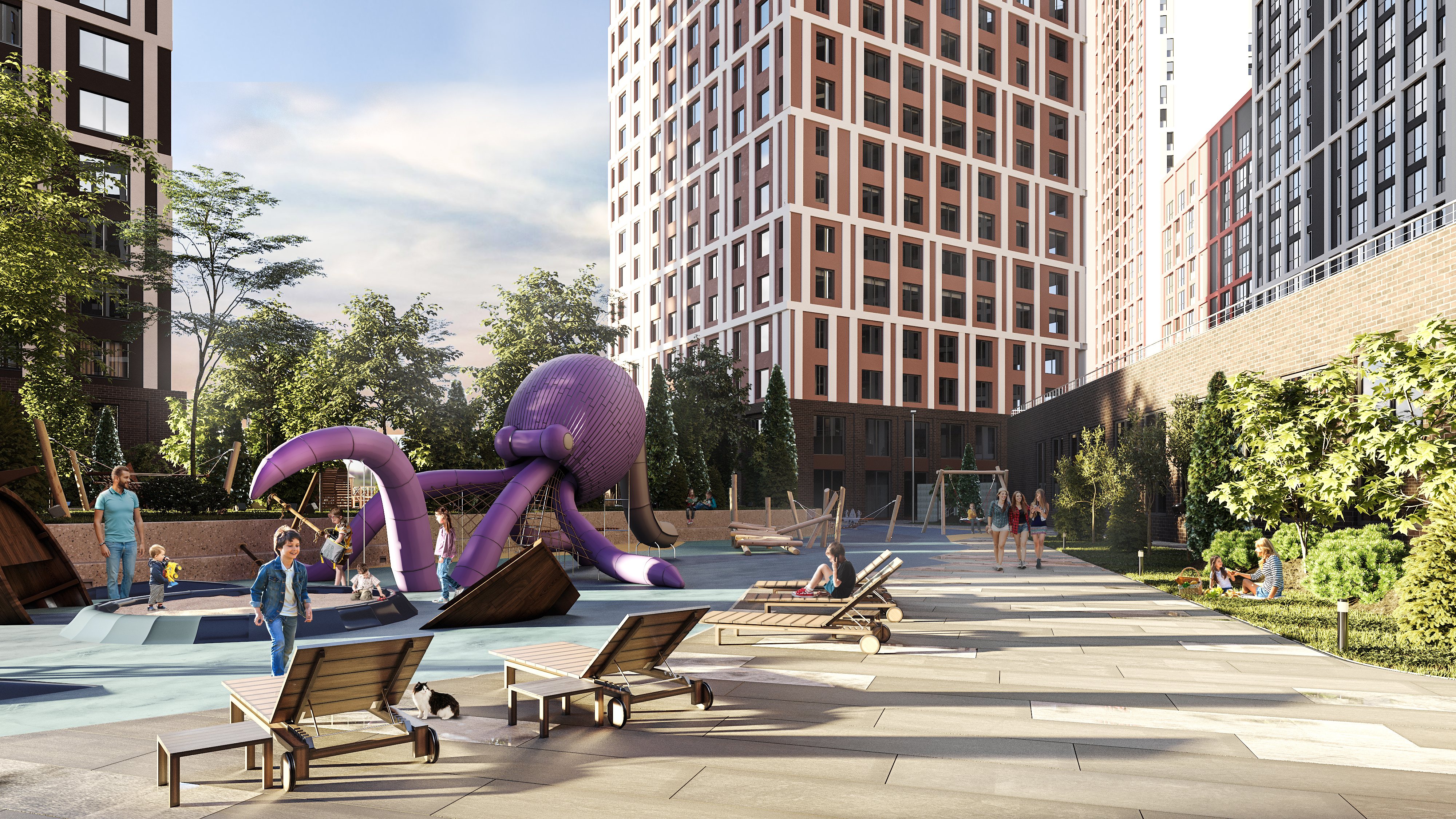 В каждом проекте — интересные игровые площадки для детей. Мы подбираем оборудование с учётом возраста и особенностей развития, чтобы можно было играть и фантазировать. Выбираем натуральные материалы, которые безопасны и приятны на ощупь.